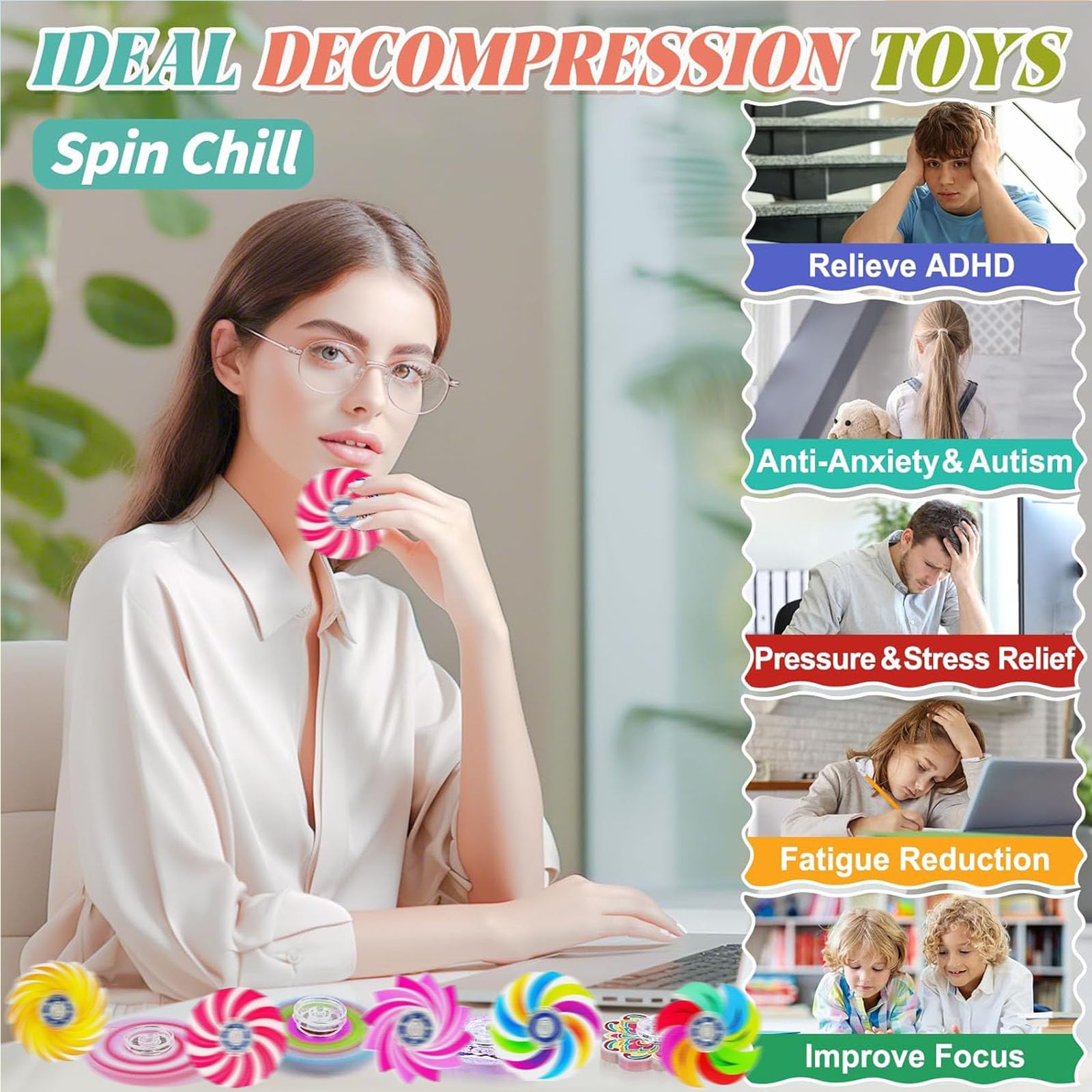 SUNPROUND vibrant mini spinners—sensory play and focus aid for students.