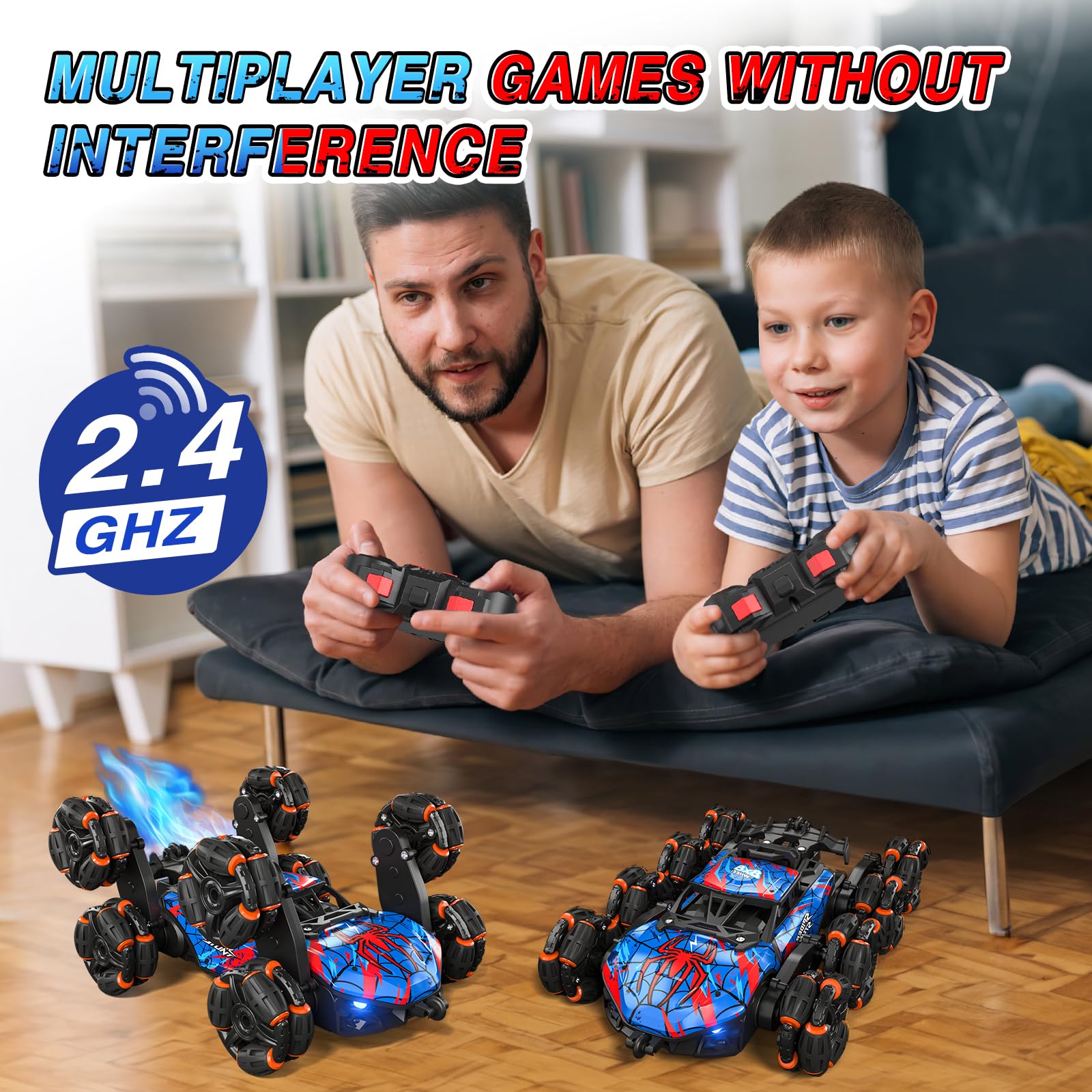 Sunrad 8WD gesture RC car 2.4GHz controller enabling stable multiplayer play.