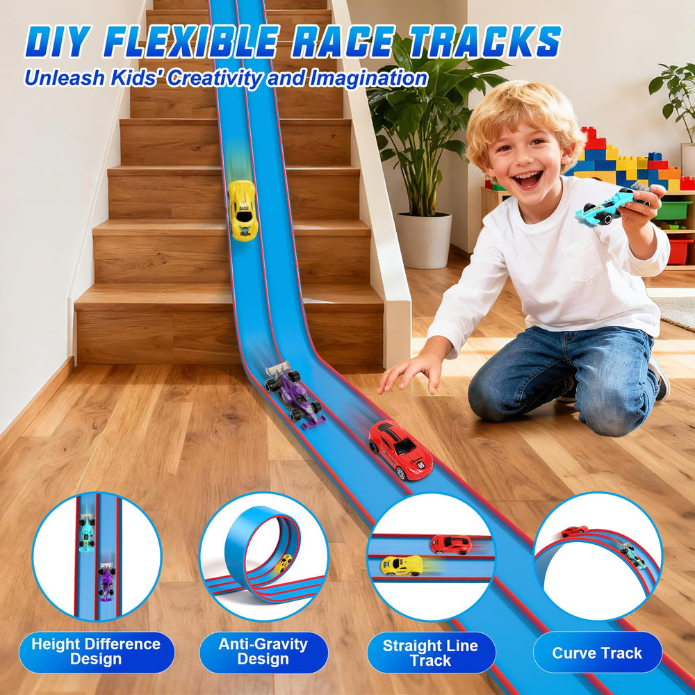 Sunrad dual-lane track setup lets two cars race side by side for friendly competition.