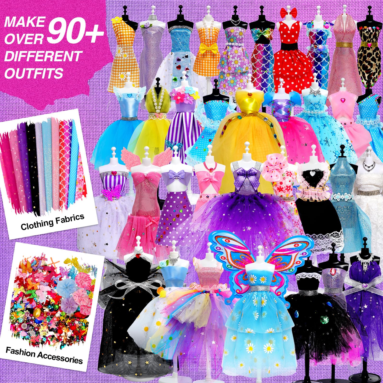 Sunrad fabrics, trims, and accessories for colorful, creative doll outfits.