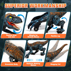 Sunrad Mini RC T-Rex roaring sparks dinosaur adventures for kids.