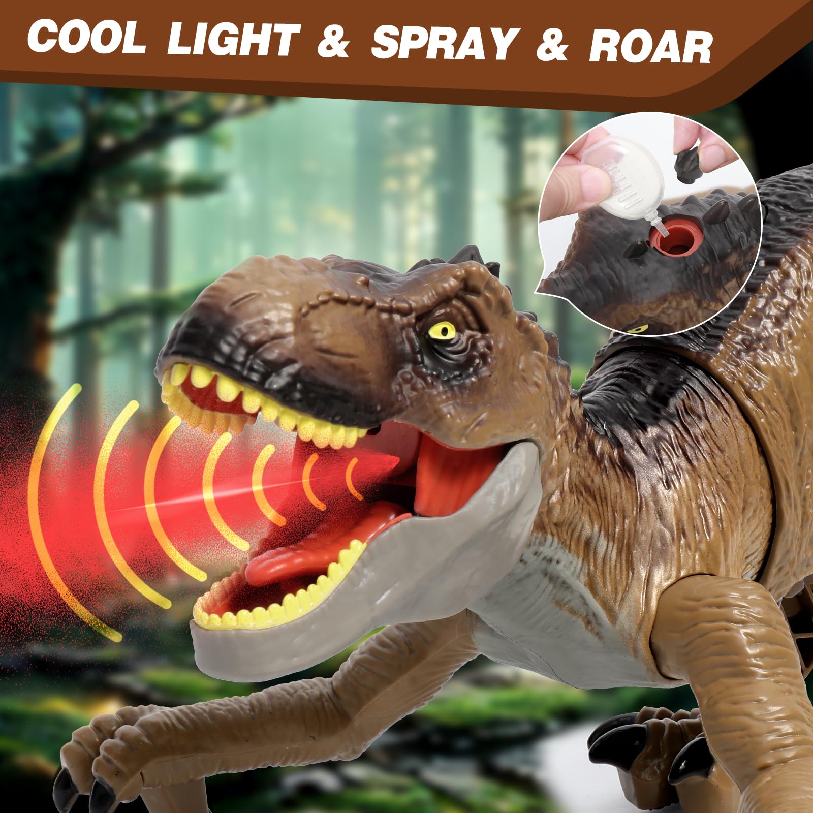 Sunrad RC Dino with spray and lights for dramatic play moments.