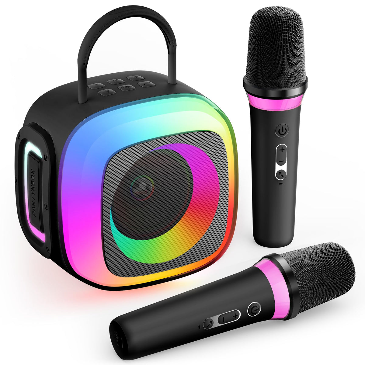 SunTrok Mini Karaoke Machine front view with two mics for family sing-alongs