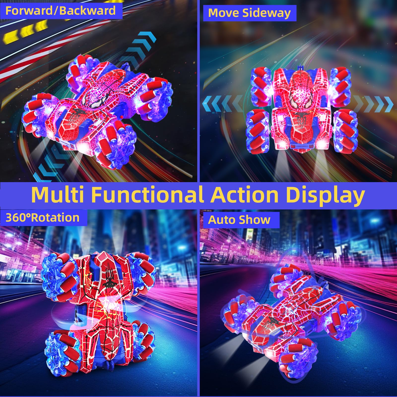 SUPAUSUP Spider RC Car with double-sided drive for flips on either side.