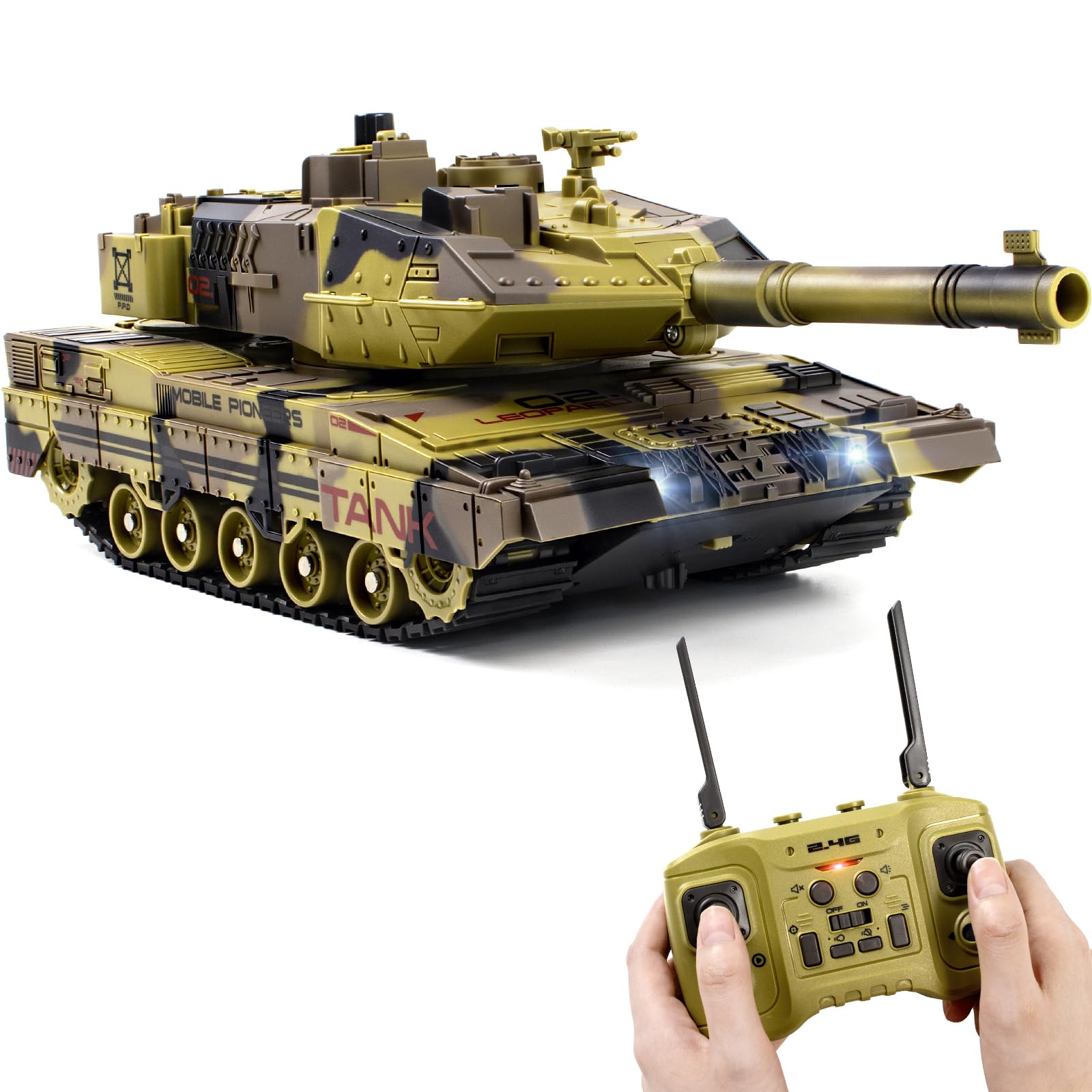 Supdex 1/24 RC Tank front view highlights detailed scale design for authentic play.