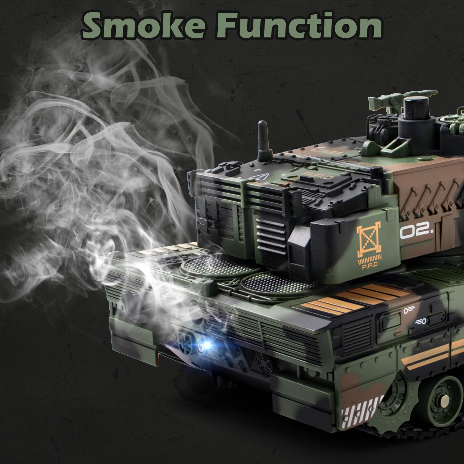 Supdex RC Tank with lights and smoke for immersive action play.