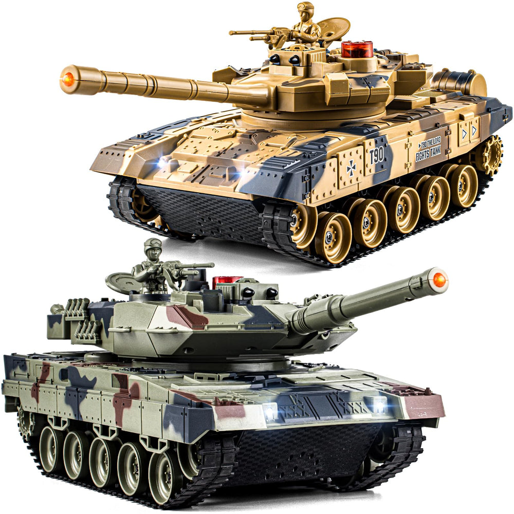 Supdex RC Battle Tank Set front view highlighting 2.4GHz control and battle-ready lights