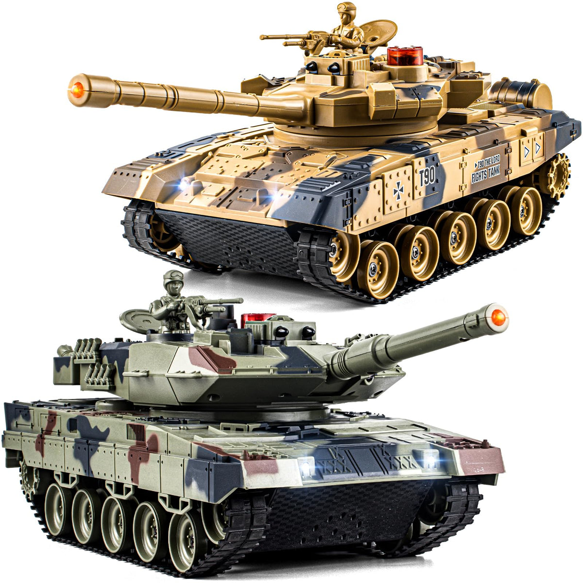 Supdex RC Battle Tank Set front view highlighting 2.4GHz control and battle-ready lights