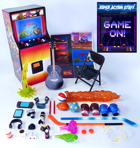 Super Action Stuff Game ON arcade machine with LED backlight for dramatic figure photography