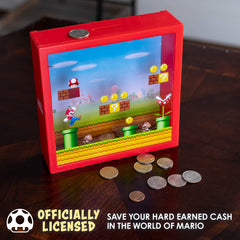 Super Mario arcade money box licensed logo close-up for collectors and fans.