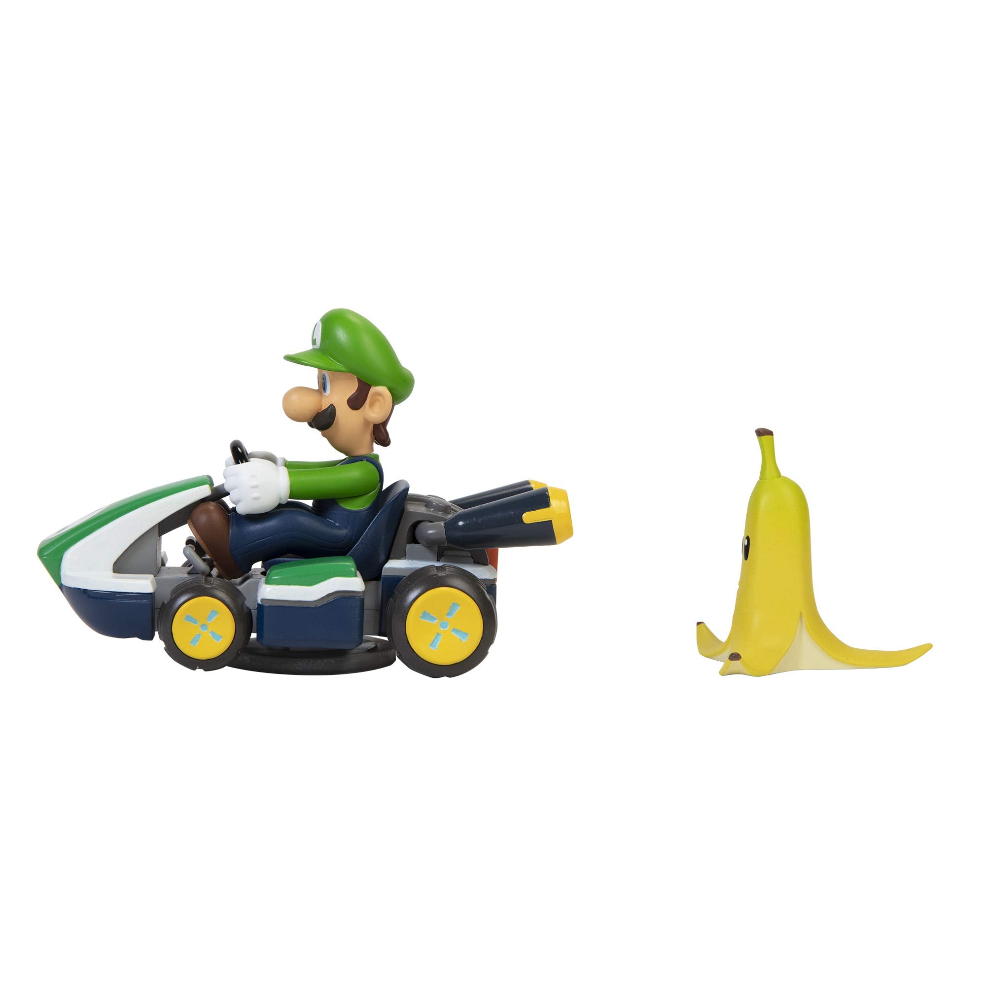 Banana peel accessory included with Spin Out Luigi Racer for playful obstacles