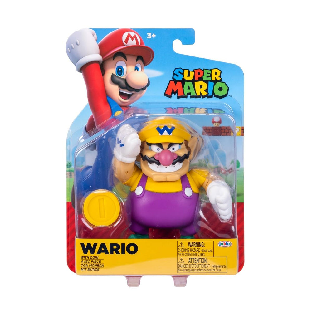 Super Mario Wario figure with coin included for collectible display and play scenarios.