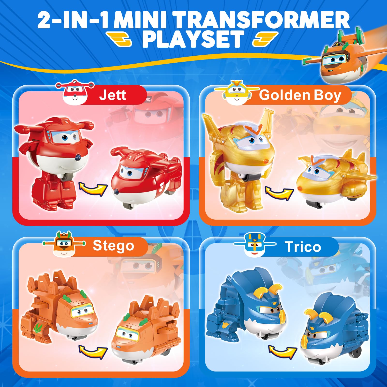 Super Wings Golden Boy and Sally mini figures offer quick, portable adventures.