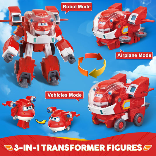 Super Wings Jett transforming plane-to-robot in action for kids.