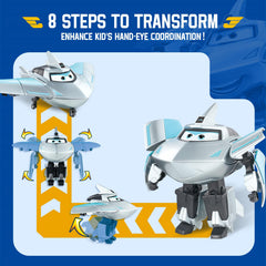Kids twist and snap Super Wings Traver parts to transform, honing dexterity