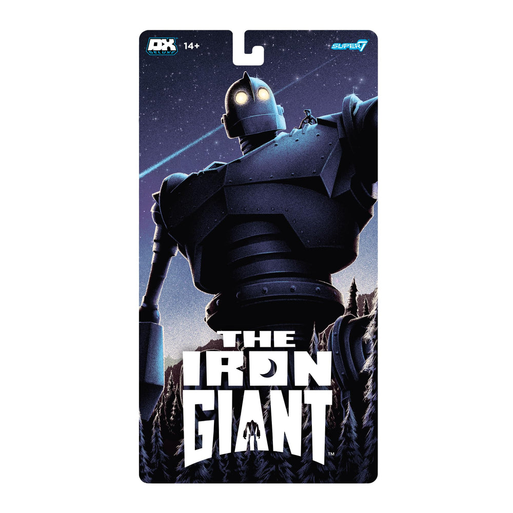 Blister cardback packaging evokes retro collectible presentation for Super7 Iron Giant.