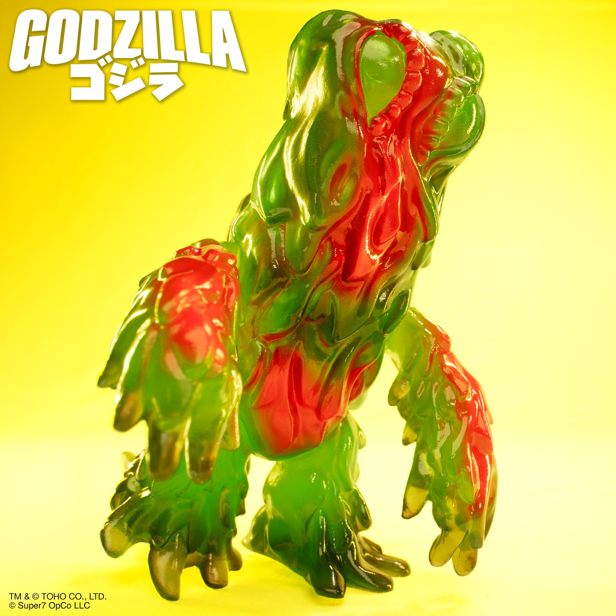 Super7 Hedorah 71 Clear Green colorway emphasizes smoky tones and red accents