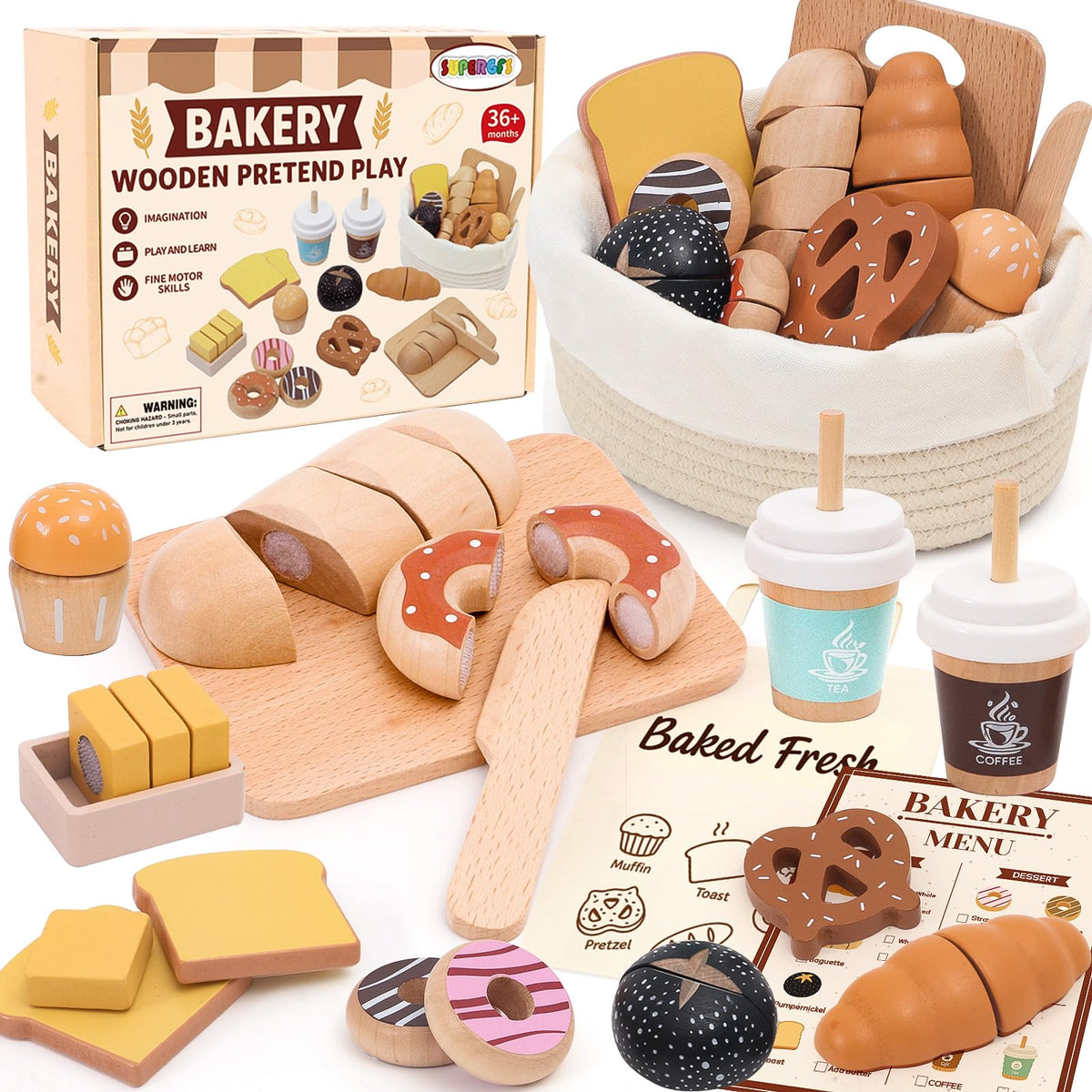 SUPERGFS wooden bakery playset baguettes promotes imaginative role-play and fine motor practice.