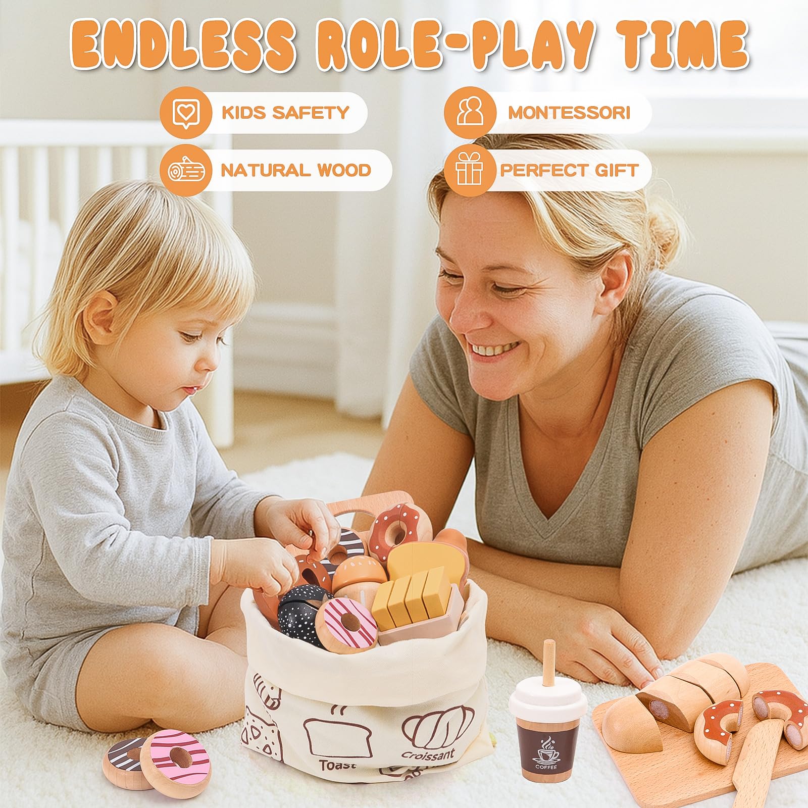 SUPERGFS wooden bakery playset muffins enhance sensory play and turn-taking during pretend kitchen.