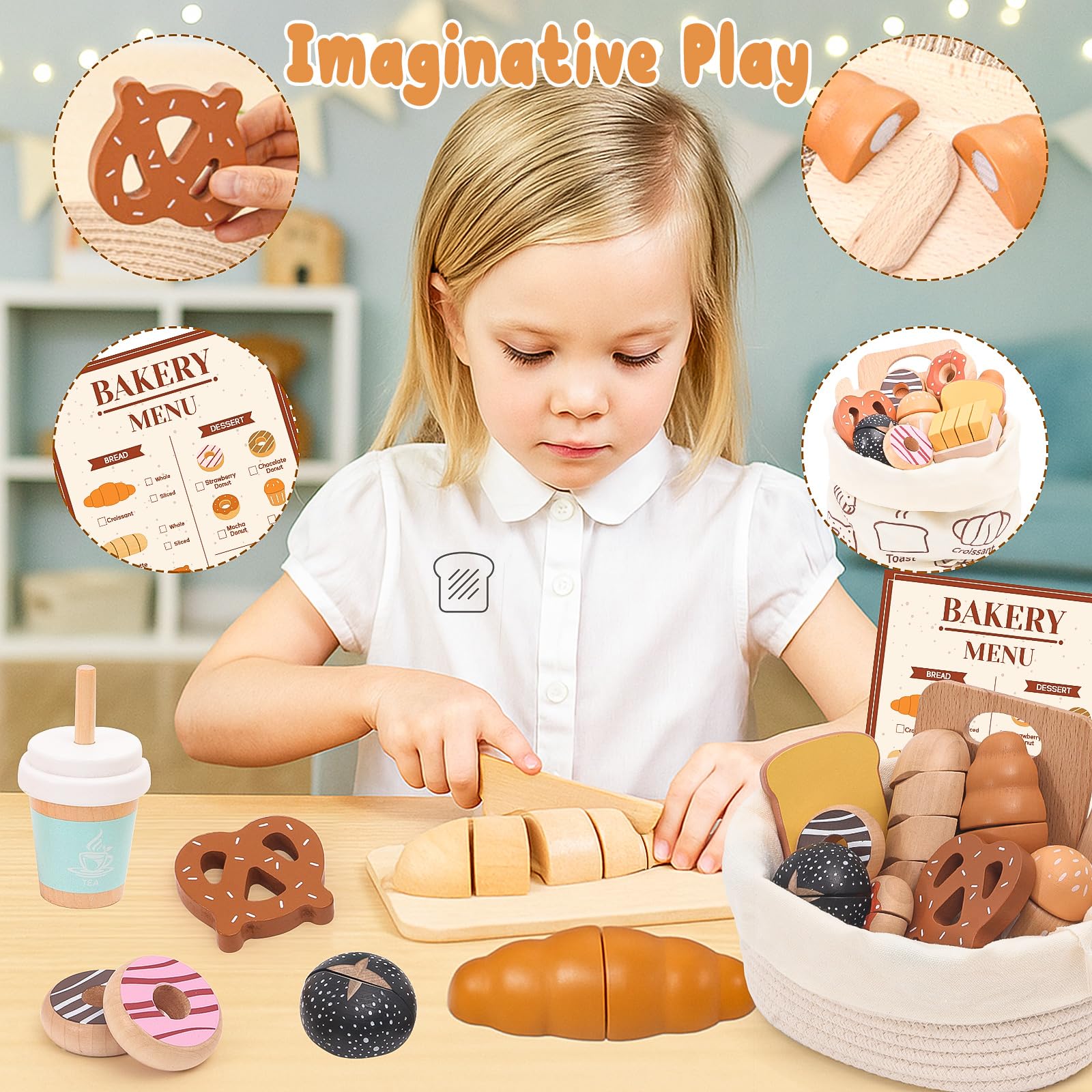SUPERGFS wooden bakery playset toast encourages storytelling and cooperative play at tea time.