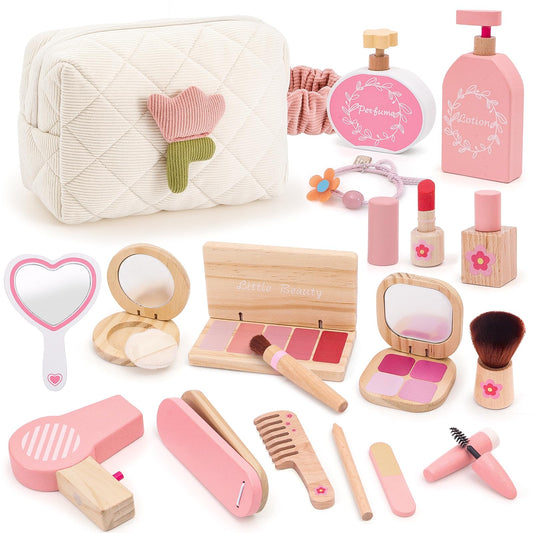 SUPERGFS wooden makeup kit with bag for organized pretend play