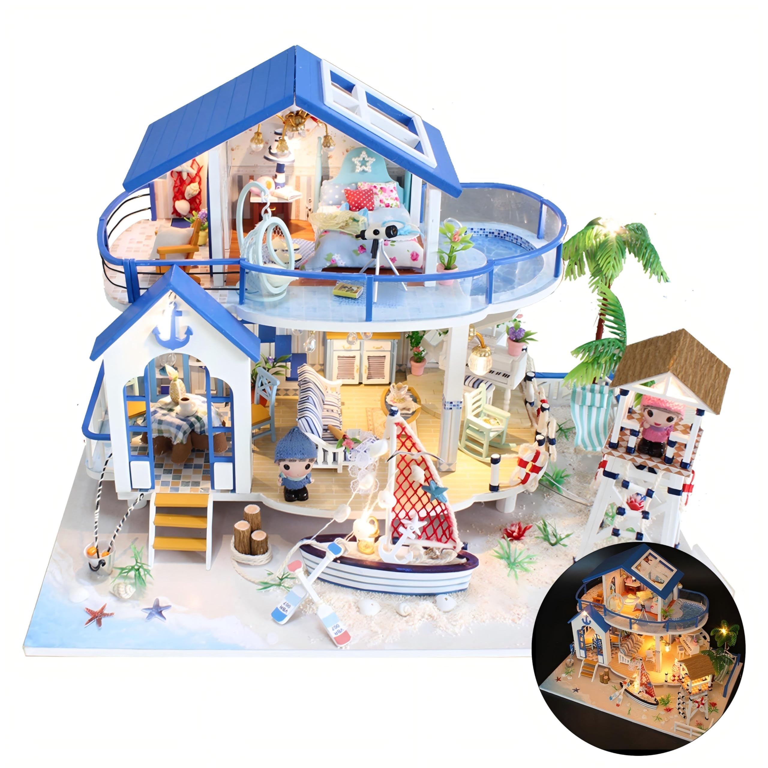 SUPERHIGH DIY Miniature Dollhouse Kit blue sea story parts showcase a hands-on creative start