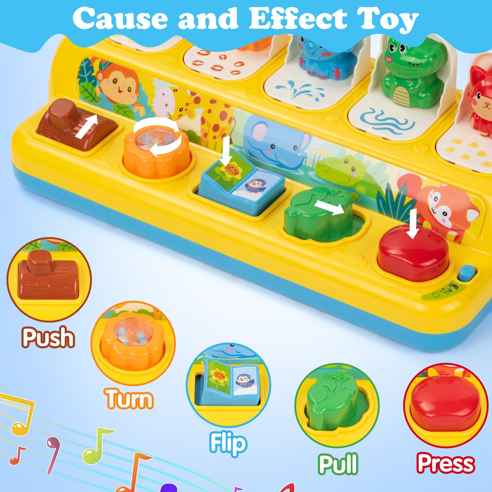 SUPERHIGH Pop Up Toy animal sounds mode reinforces animal naming through interaction.