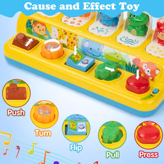 SUPERHIGH Pop Up Toy animal sounds mode reinforces animal naming through interaction.