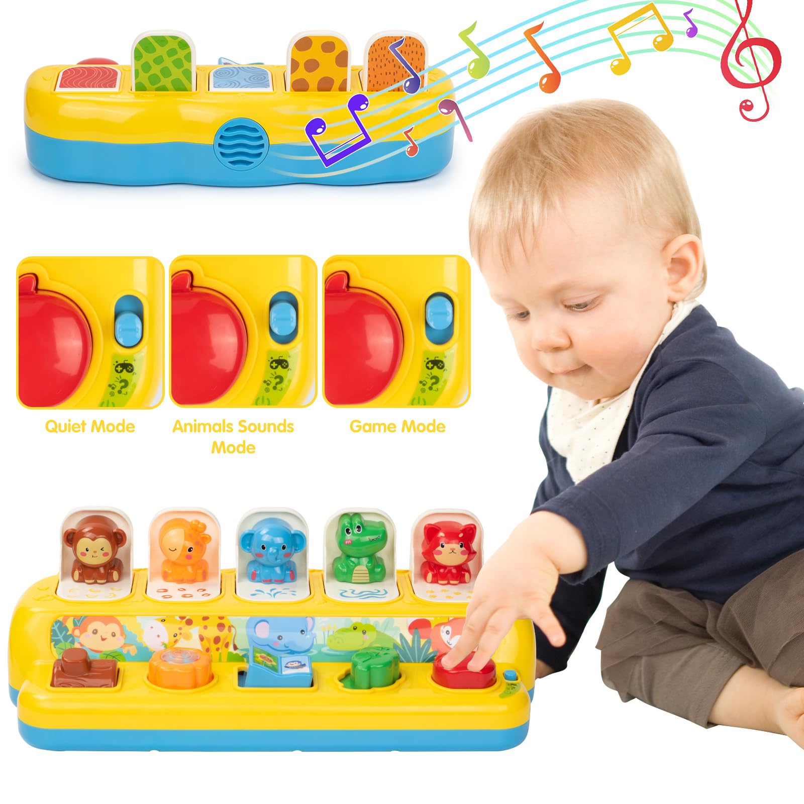 SUPERHIGH Pop Up Toy game mode challenges babies to follow light prompts.