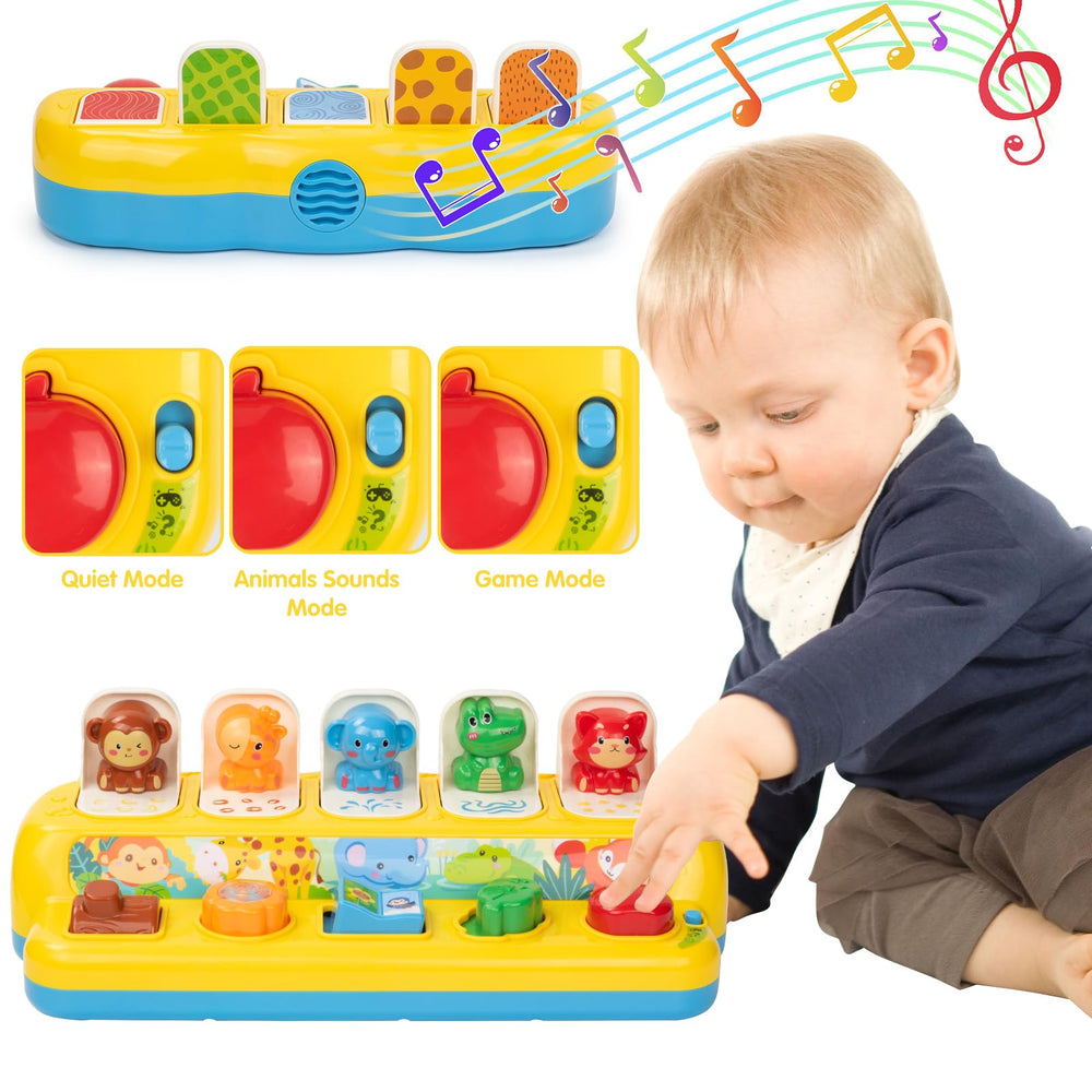 SUPERHIGH Pop Up Toy game mode challenges babies to follow light prompts.