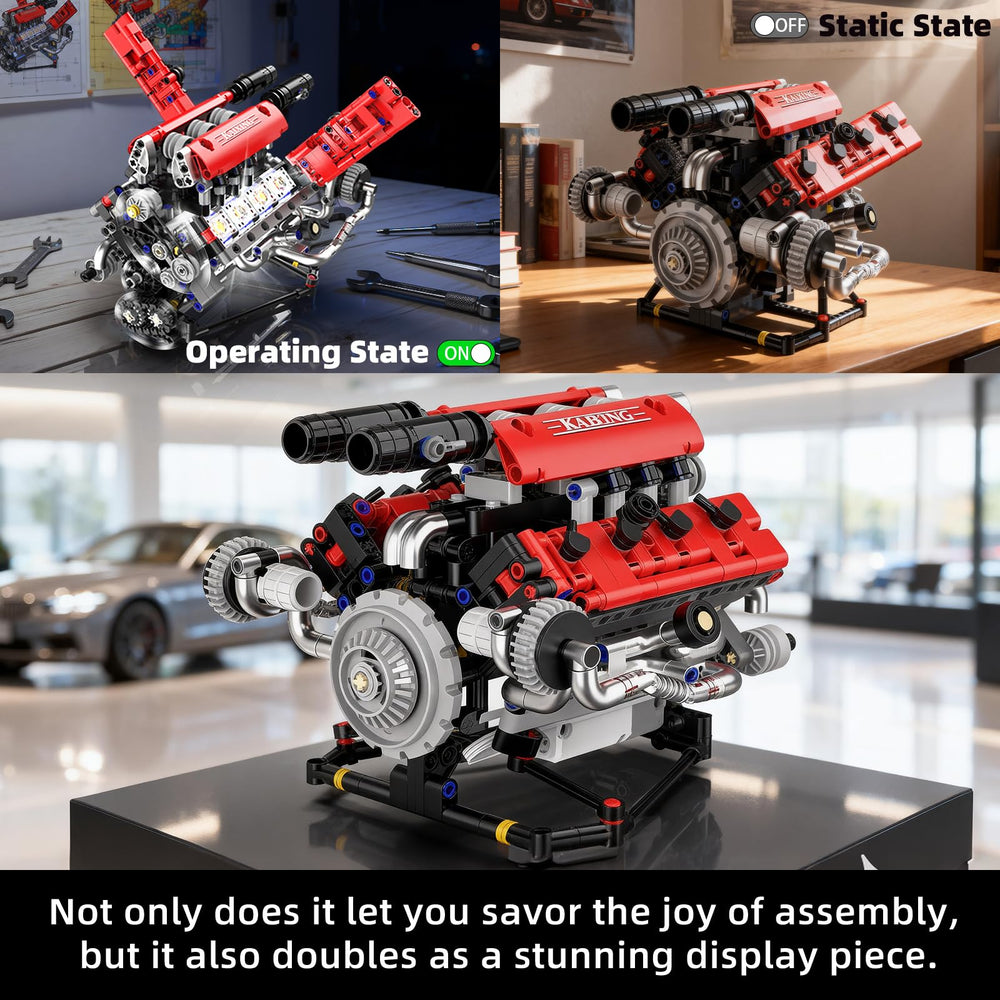 Suplanet Mini V8 engine shows 660-piece construction for hands-on building.