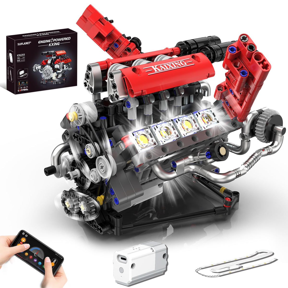 Suplanet Mini V8 engine assembly shows pistons in motion for hands-on learning.