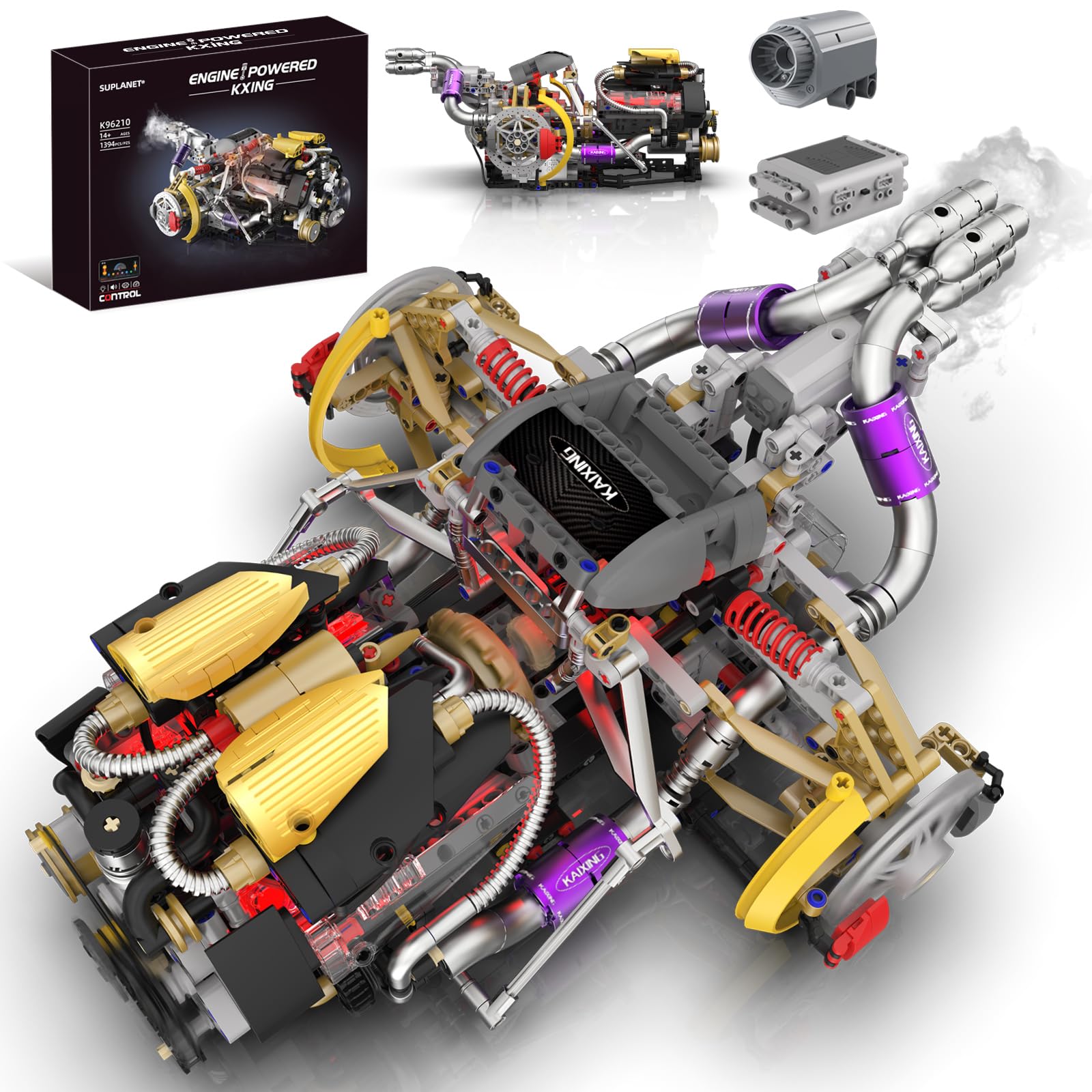 Suplanet V8 engine block assembly showing pistons in motion for realistic display.