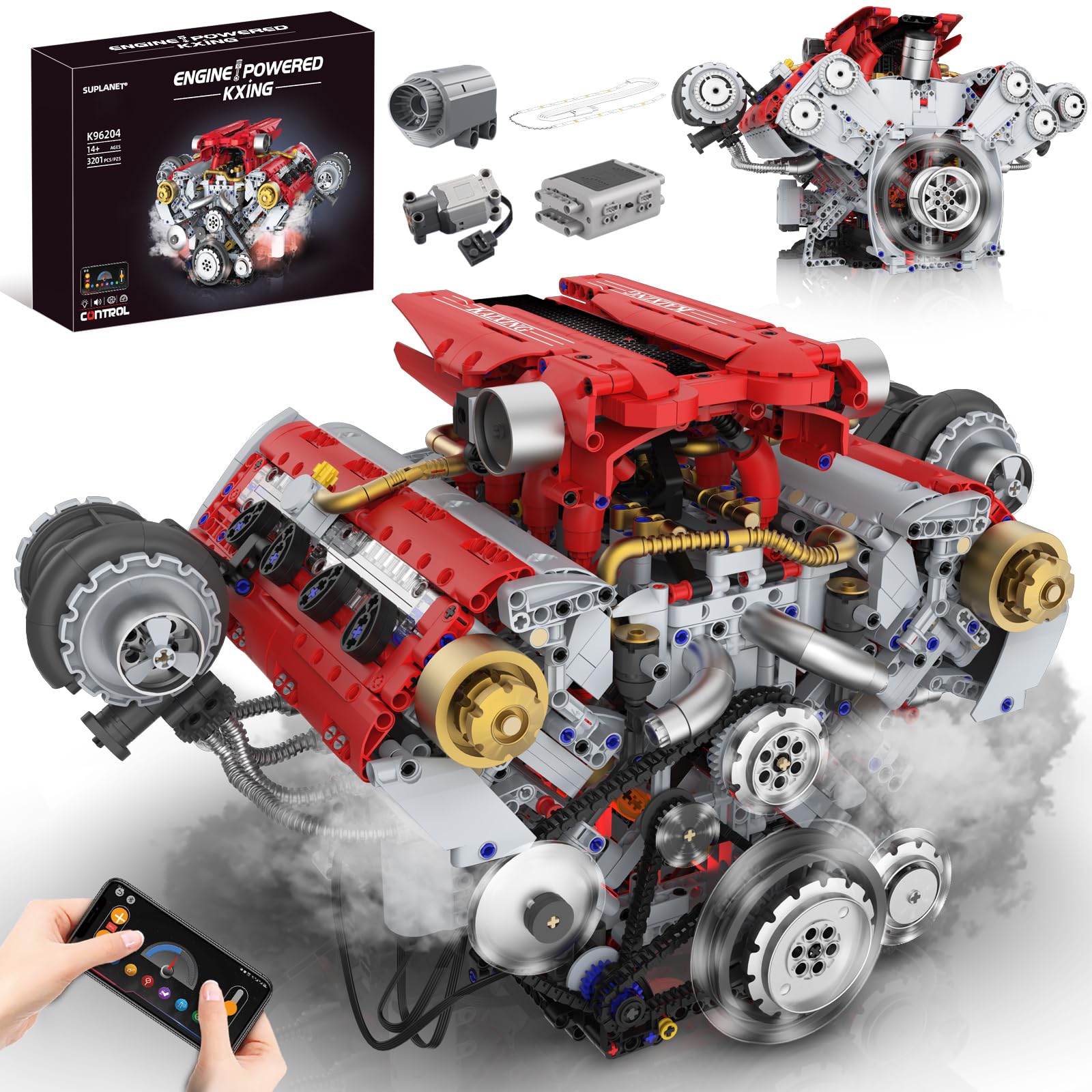 Suplanet V8 engine kit front view showing the compact V-shaped block for display and learning.