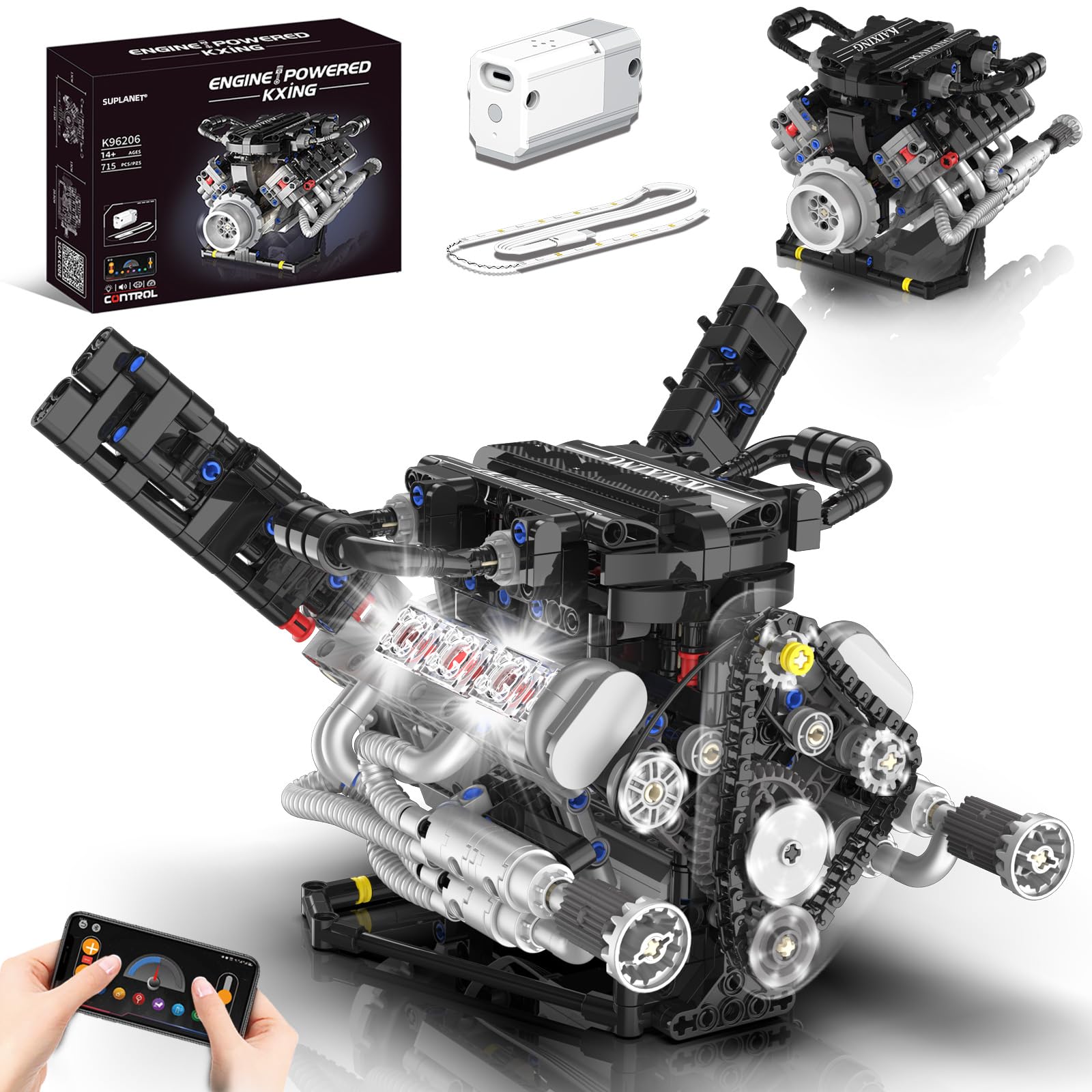 Suplanet V8 engine model kit with LED interior light for immersive viewing.