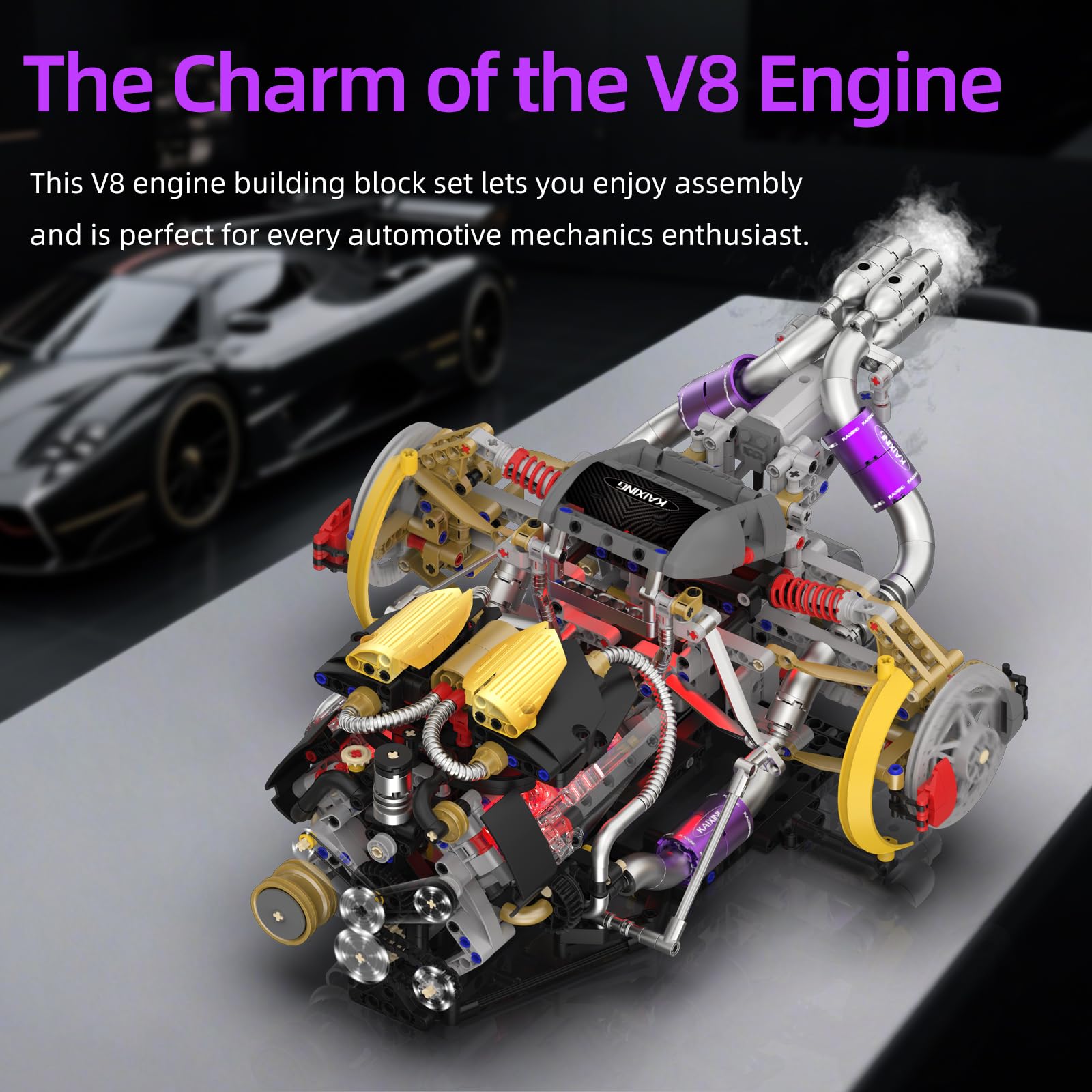 Suplanet V8 engine unboxing view with colorful blocks and lighting.