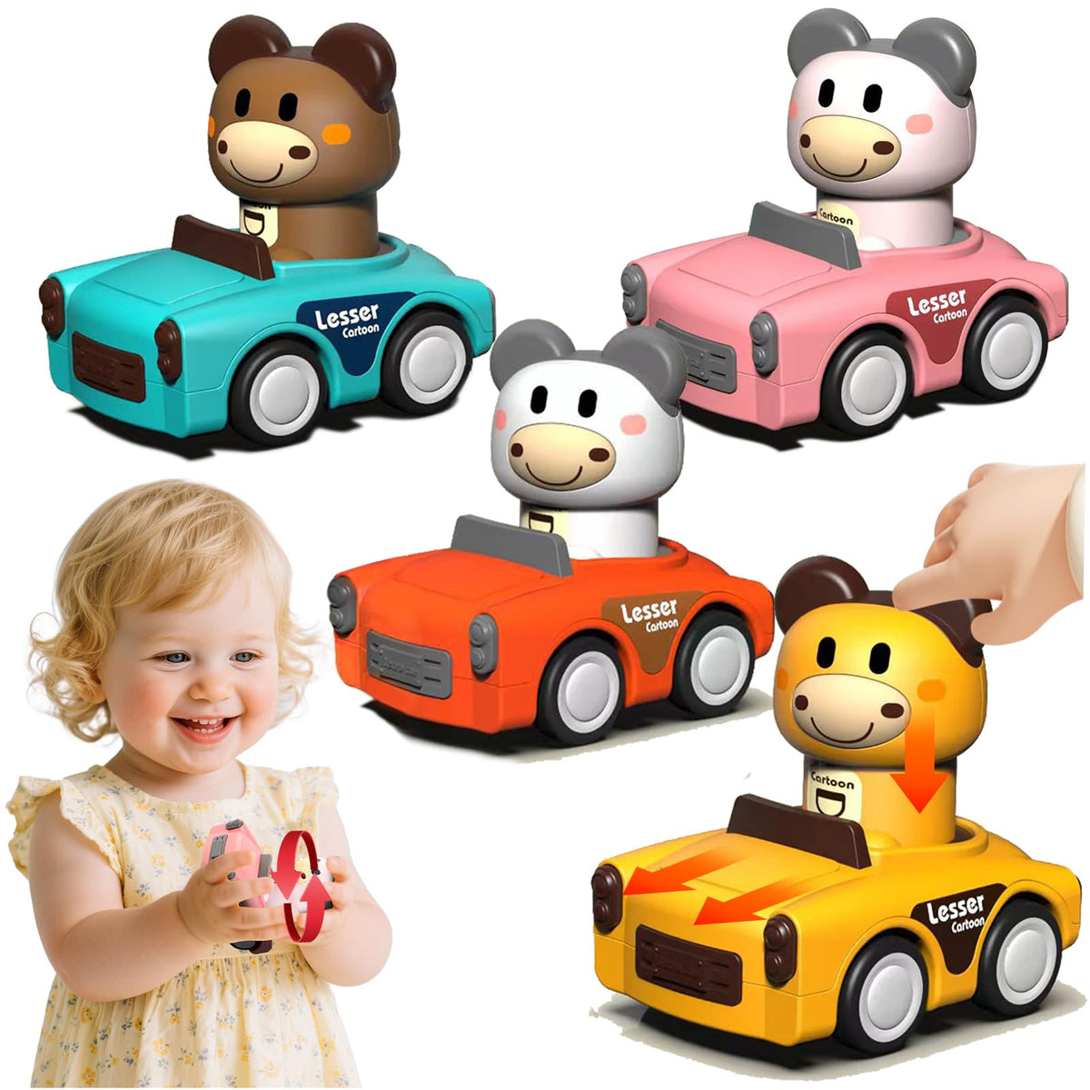 SUPVIB press to go car toy with rotating animal head for early directional play.