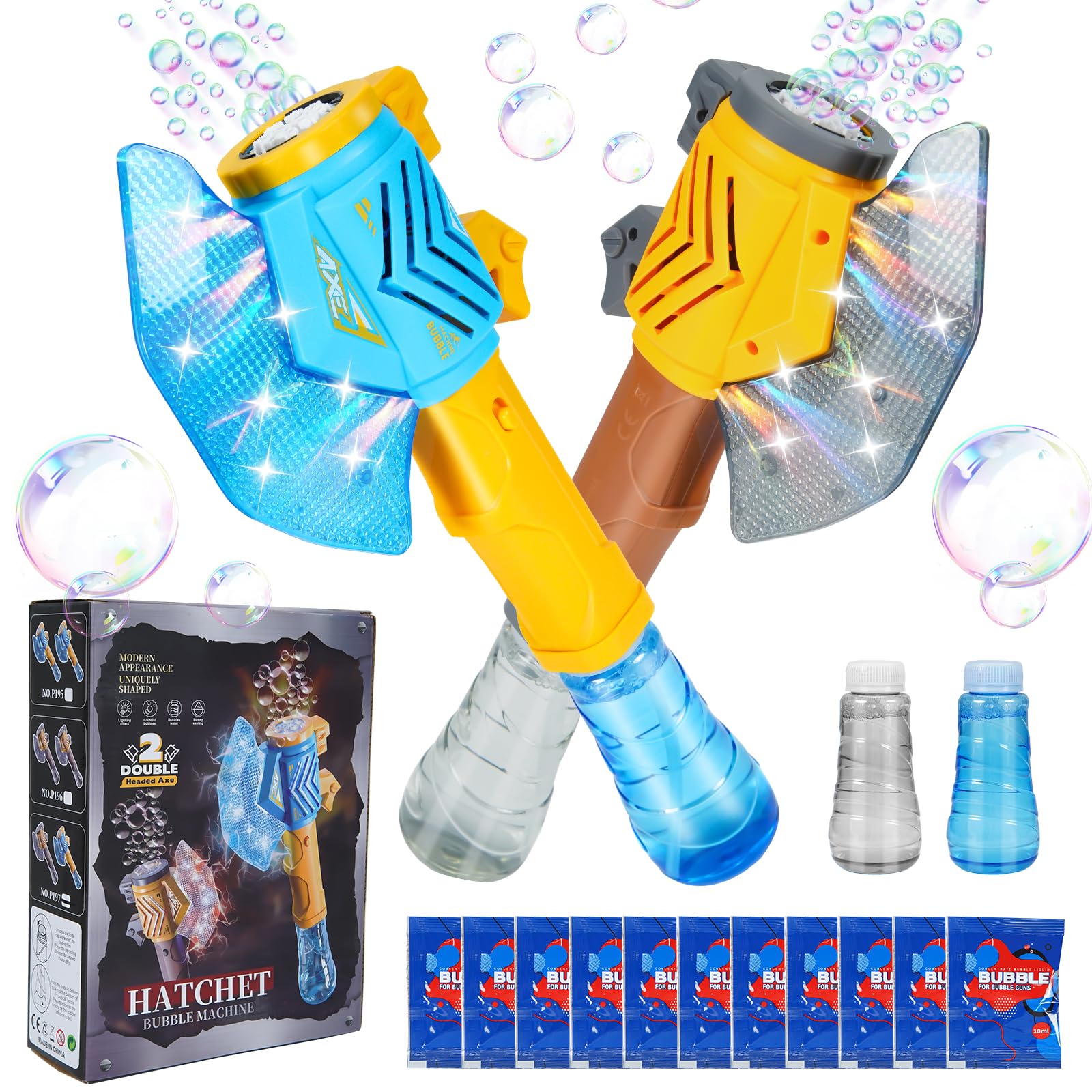 Surecool Bubble Axe Machine in blue-brown blasts vibrant bubbles outdoors.