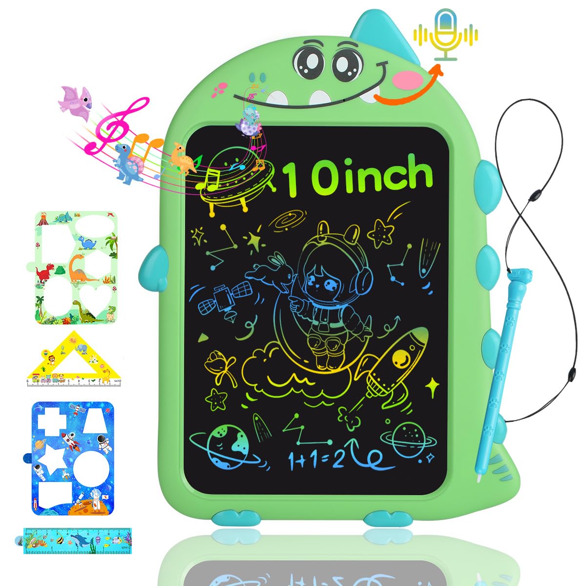 Surekuo 10-inch LCD writing tablet with attached stylus for mess-free creativity.