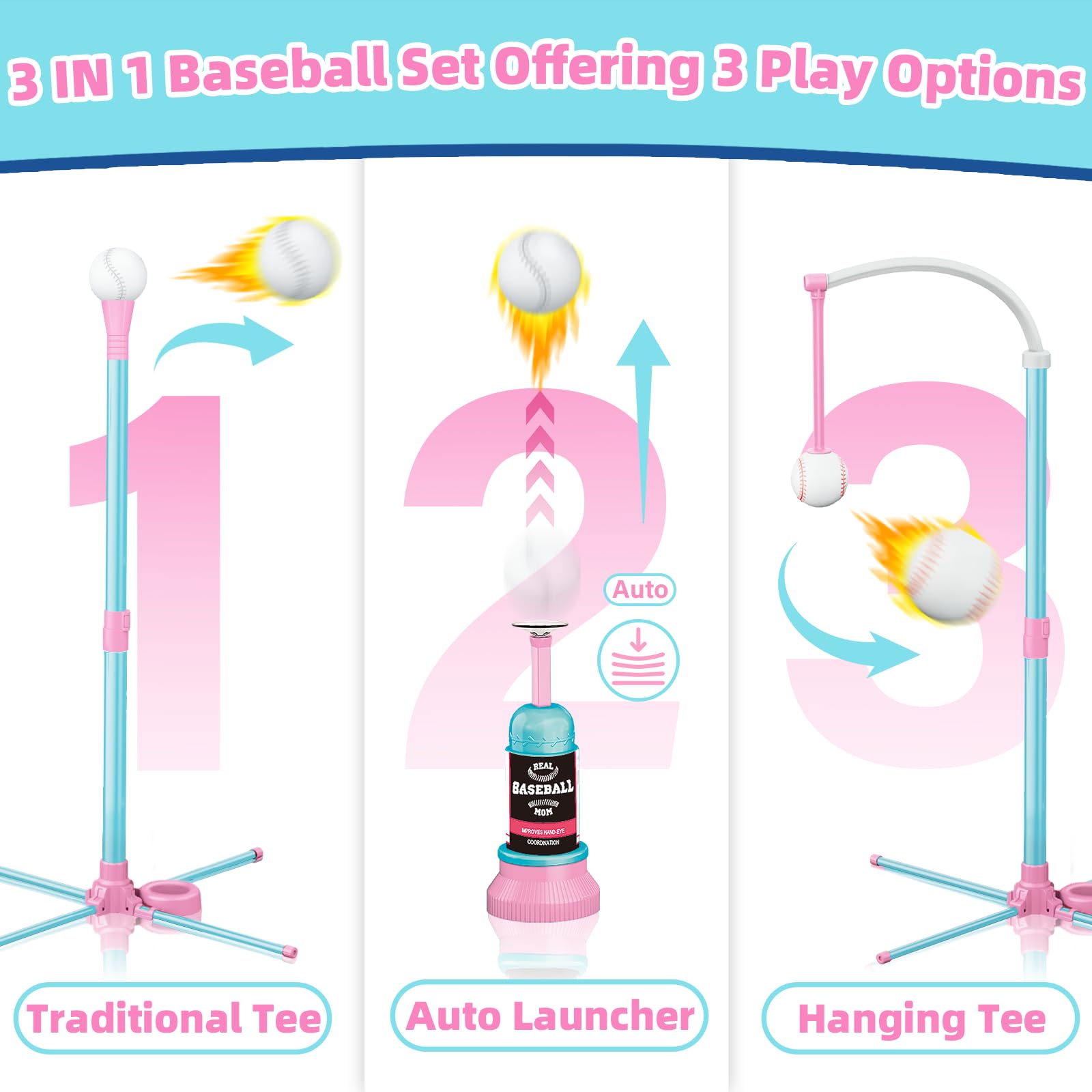 Surelect 3-in-1 T-ball set automatic launcher adds dynamic bounce for playtime.
