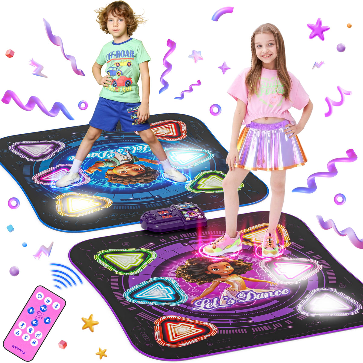 Surelect Dance Mat face-to-face setup with glowing pads for friendly competition