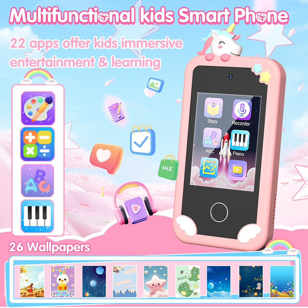 Surelect Kids Smart Phone pink back view highlights the dual camera for fun photos