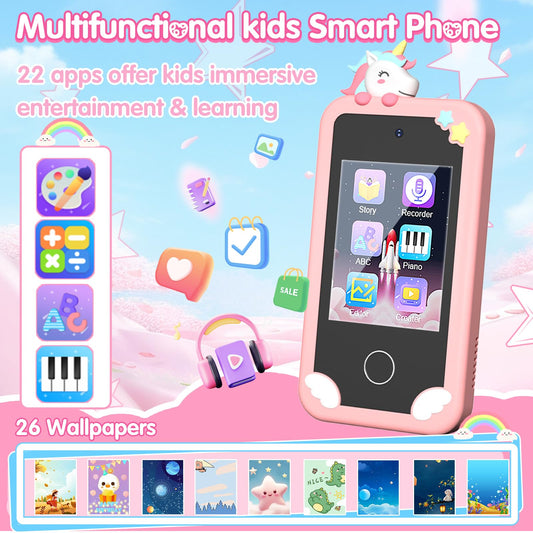Surelect Kids Smart Phone pink back view highlights the dual camera for fun photos