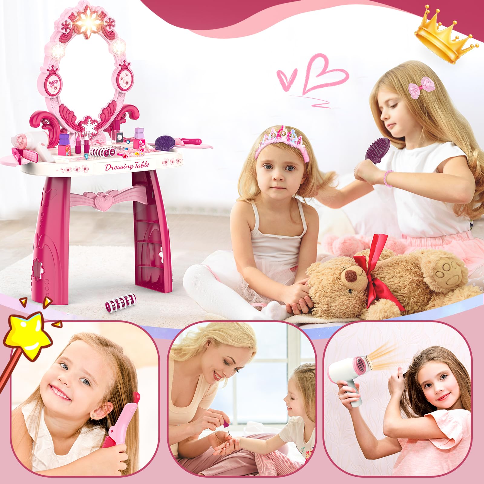 Surelect toy hairdryer simulates airflow and glow for realistic styling.