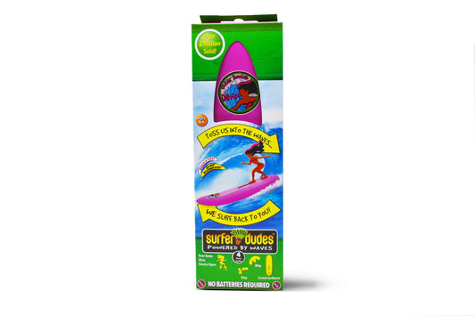 Surfer Dudes Classics wave-powered mini-surfer, ready to toss for spontaneous beach fun.