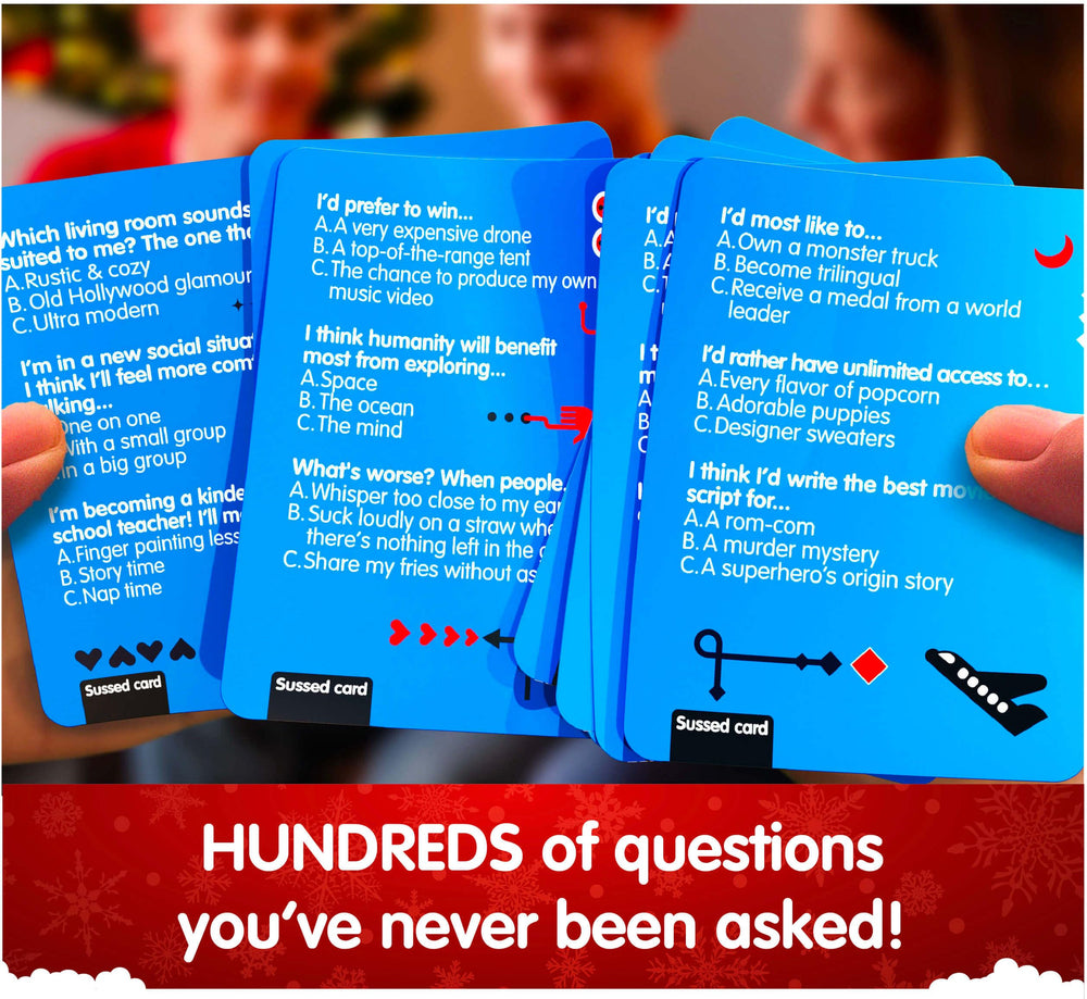 SUSSED WWYD front card illustration inviting outrageous answers and playful debate