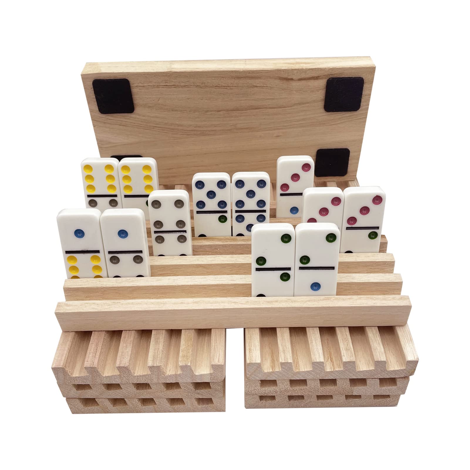 Eight wooden racks organize dominoes for quick reach.