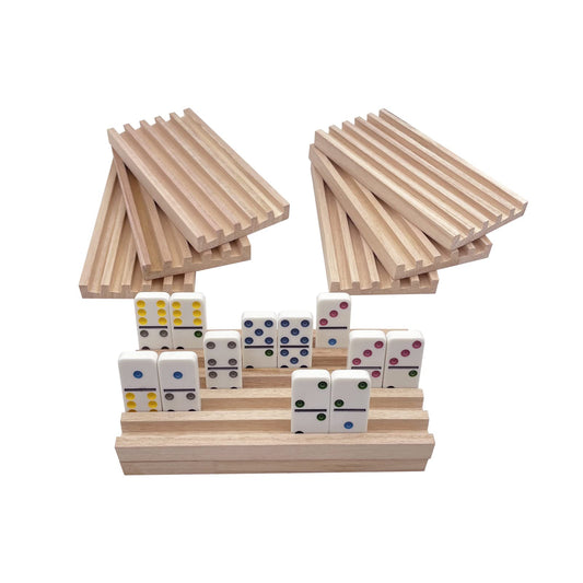 SUTIMSHE Mexican Train tray in natural wood with upright domino slots.