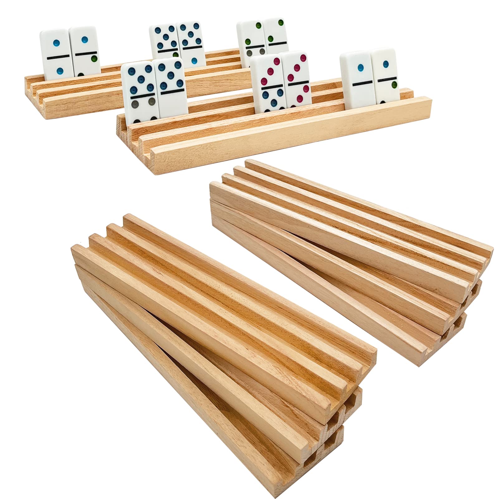 SUTIMSHE wooden domino racks front view showing organized gameplay and design.