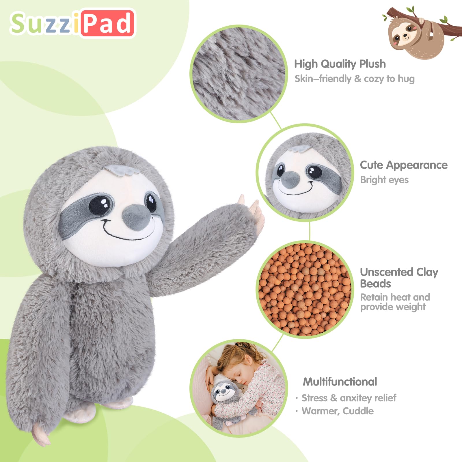 SUZZIPAD heated sloth toy provides comforting hug and stress relief.